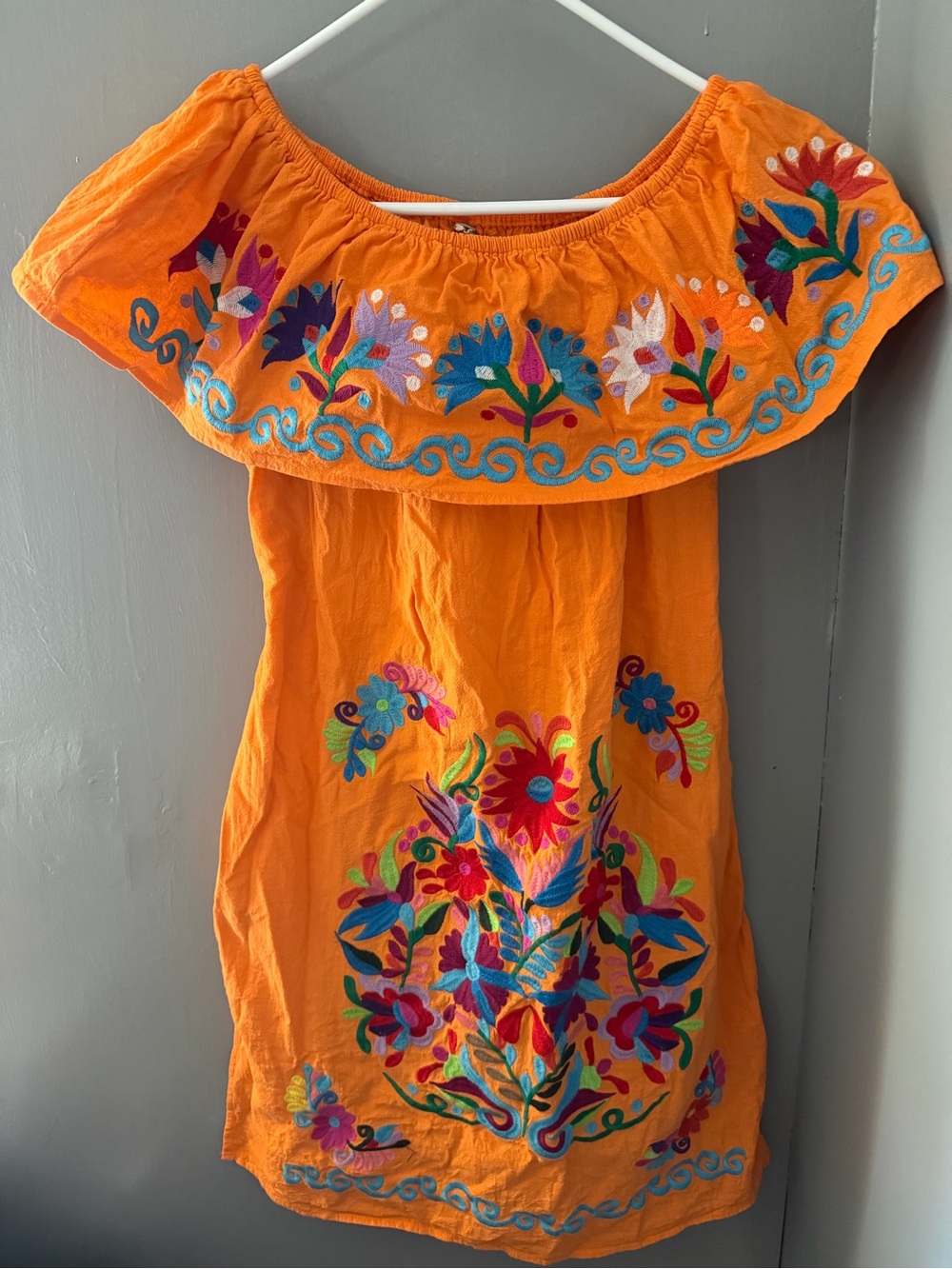 Embroidered Off-Shoulder Orange Midi Dress Mexican Latin American